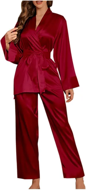 Mzkdieey Women's Satin Belted Robe and Pants Pajamas Sets Long Sleeve Lounge Set Silky Sleepwear Nightwear Loungewear