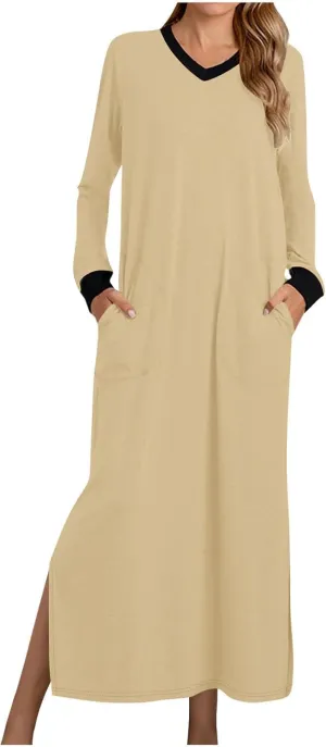 Nightgowns for Women Long Sleeve Sleepwear V Neck Nightshirts Full Length Sleepshirts Comfy Nightwear with Pockets