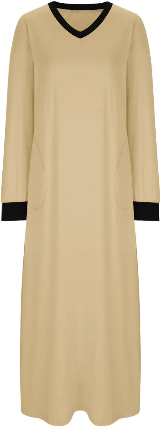 Nightgowns for Women Long Sleeve Sleepwear V Neck Nightshirts Full Length Sleepshirts Comfy Nightwear with Pockets
