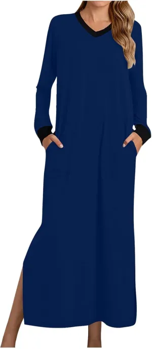Nightgowns for Women Long Sleeve Sleepwear V Neck Nightshirts Full Length Sleepshirts Comfy Nightwear with Pockets