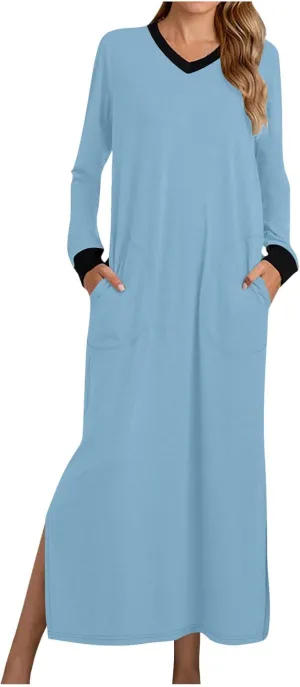 Nightgowns for Women Long Sleeve Sleepwear V Neck Nightshirts Full Length Sleepshirts Comfy Nightwear with Pockets