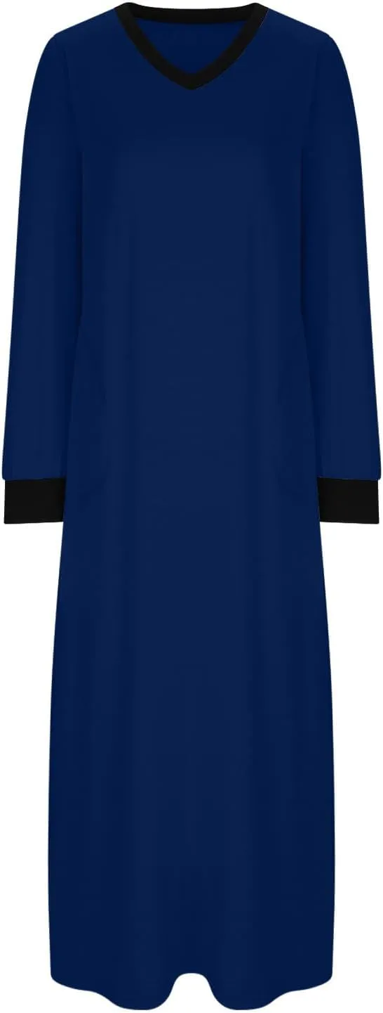 Nightgowns for Women Long Sleeve Sleepwear V Neck Nightshirts Full Length Sleepshirts Comfy Nightwear with Pockets