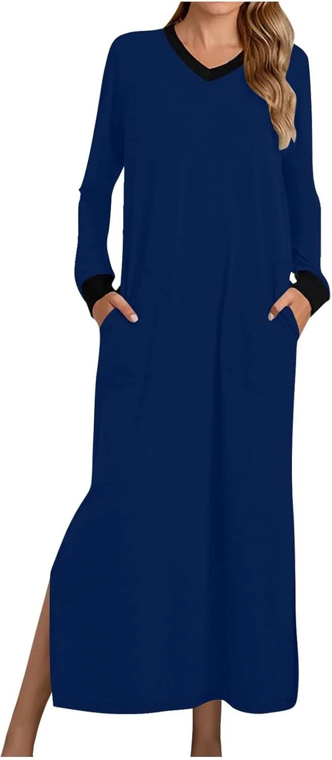 Nightgowns for Women Long Sleeve Sleepwear V Neck Nightshirts Full Length Sleepshirts Comfy Nightwear with Pockets
