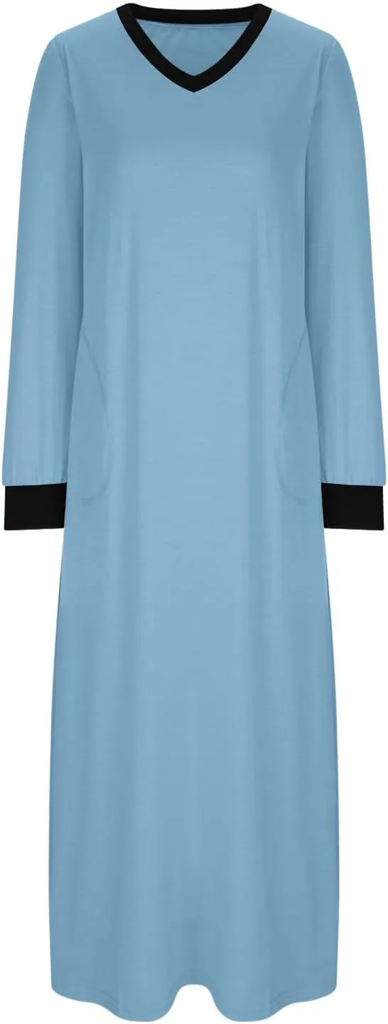 Nightgowns for Women Long Sleeve Sleepwear V Neck Nightshirts Full Length Sleepshirts Comfy Nightwear with Pockets