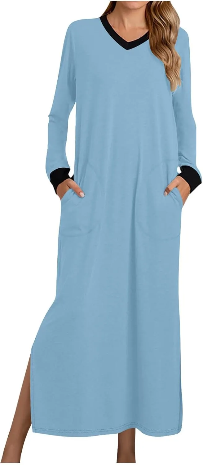 Nightgowns for Women Long Sleeve Sleepwear V Neck Nightshirts Full Length Sleepshirts Comfy Nightwear with Pockets