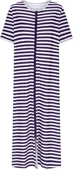 Oplxuo Striped Robes for Women Zipper Front Bathrobe Short Sleeve House Coat Long Nightgown with Pockets Soft Loungewear