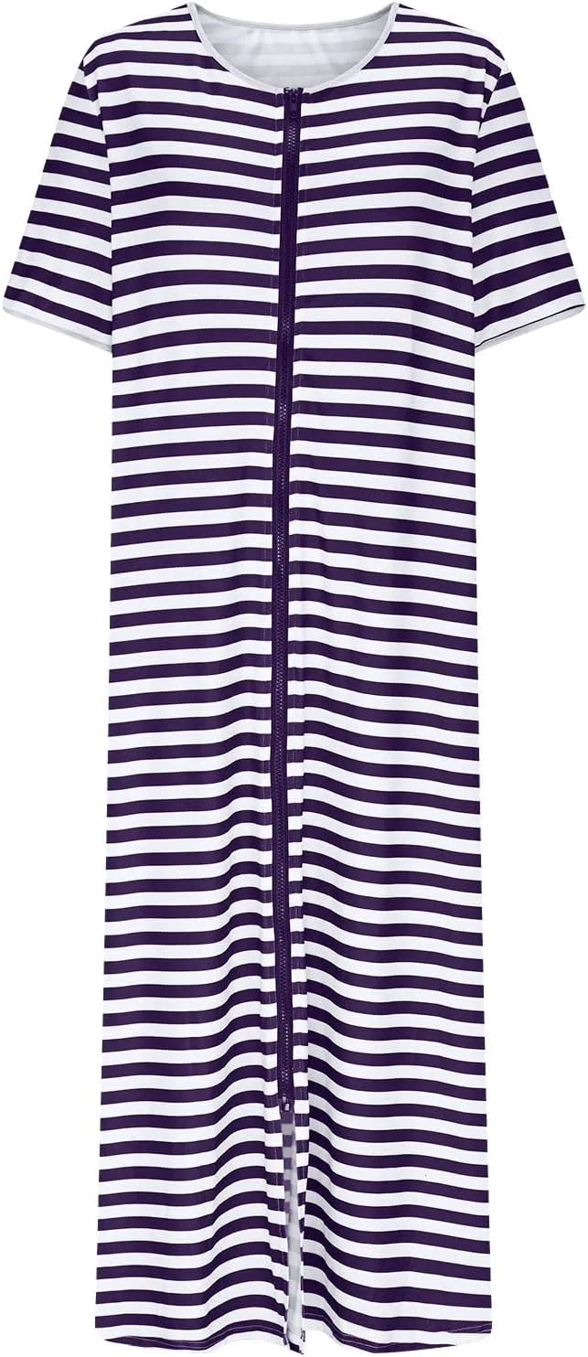 Oplxuo Striped Robes for Women Zipper Front Bathrobe Short Sleeve House Coat Long Nightgown with Pockets Soft Loungewear
