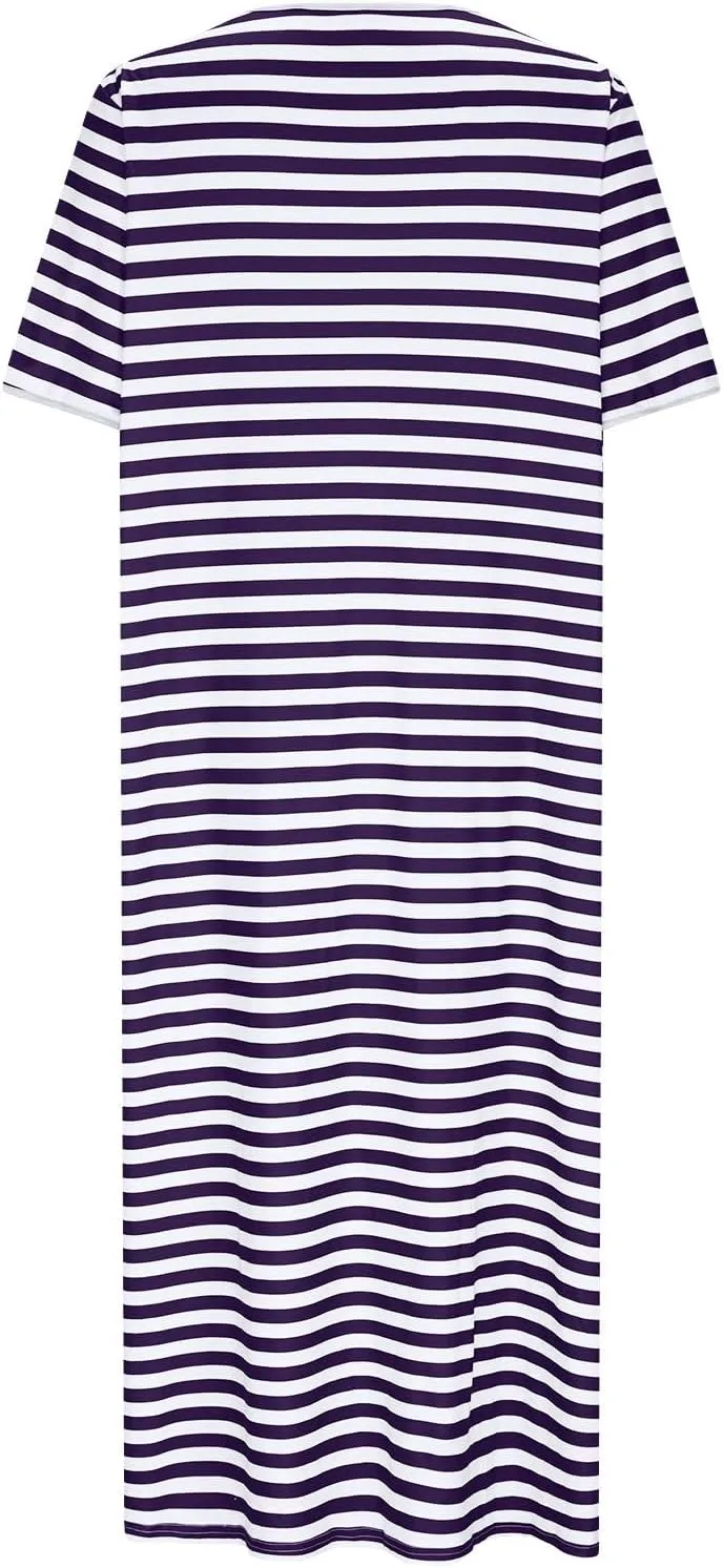 Oplxuo Striped Robes for Women Zipper Front Bathrobe Short Sleeve House Coat Long Nightgown with Pockets Soft Loungewear