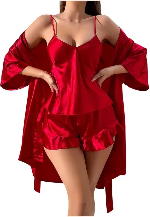 Oplxuo Women's 3Pcs Pajamas Set V-Neck Satin Cami Top and Shorts with Robe Ruffle Silk Sleepwear Bridal Party Bathrobe Set