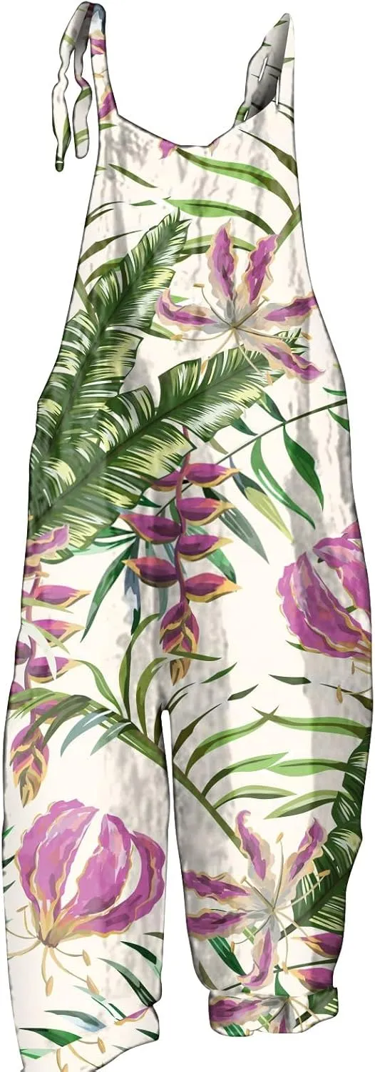 Overalls Women Summer Boho Floral Loose Wide Leg Jumpsuits with Pockets Patchwork Bib Overalls