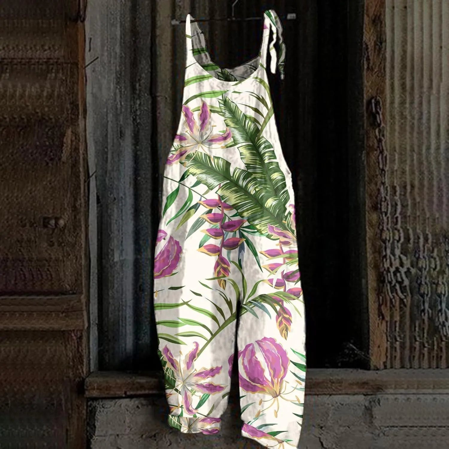 Overalls Women Summer Boho Floral Loose Wide Leg Jumpsuits with Pockets Patchwork Bib Overalls