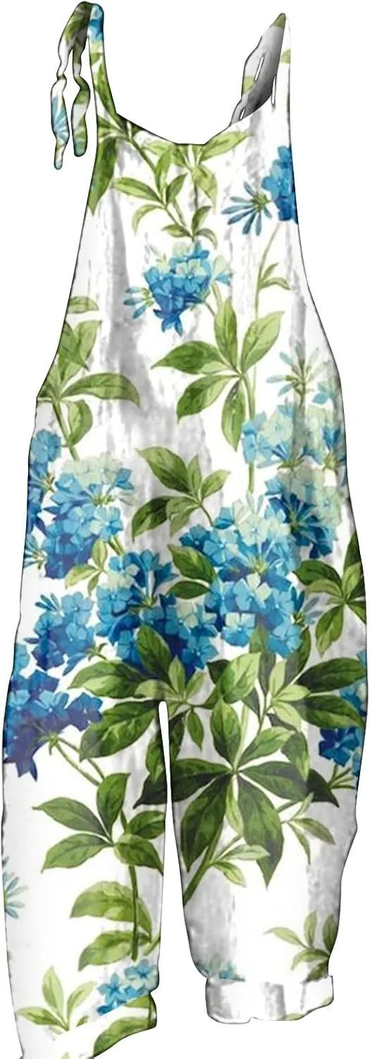 Overalls Women Summer Boho Floral Loose Wide Leg Jumpsuits with Pockets Patchwork Bib Overalls