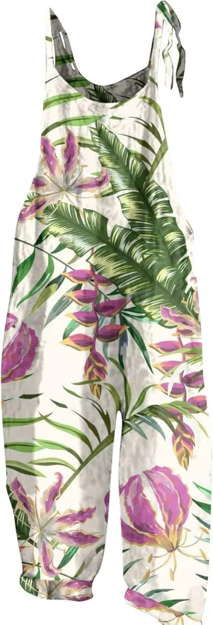 Overalls Women Summer Boho Floral Loose Wide Leg Jumpsuits with Pockets Patchwork Bib Overalls