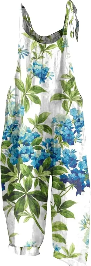 Overalls Women Summer Boho Floral Loose Wide Leg Jumpsuits with Pockets Patchwork Bib Overalls