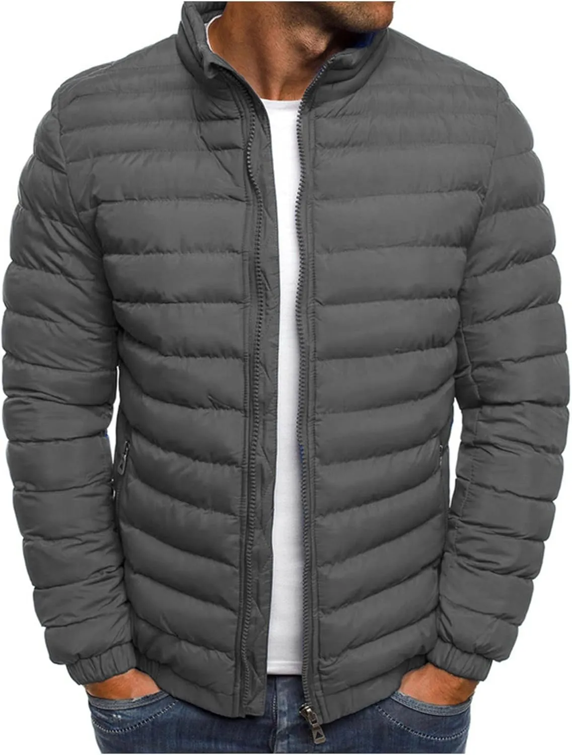 Puffer Jacket Men Lightweight Packable Down Jacket Zip up Quilted Jacket Collared Winter Coat Warm Outwear with Pockets