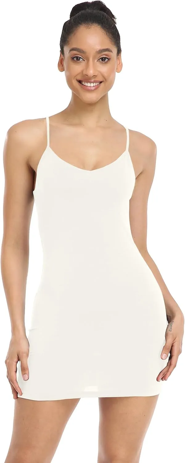 Qaffier Full Slips Dress for Women Adjustable Spaghetti Strap V Neck Under Dress Camisole Mini Slip Dress
