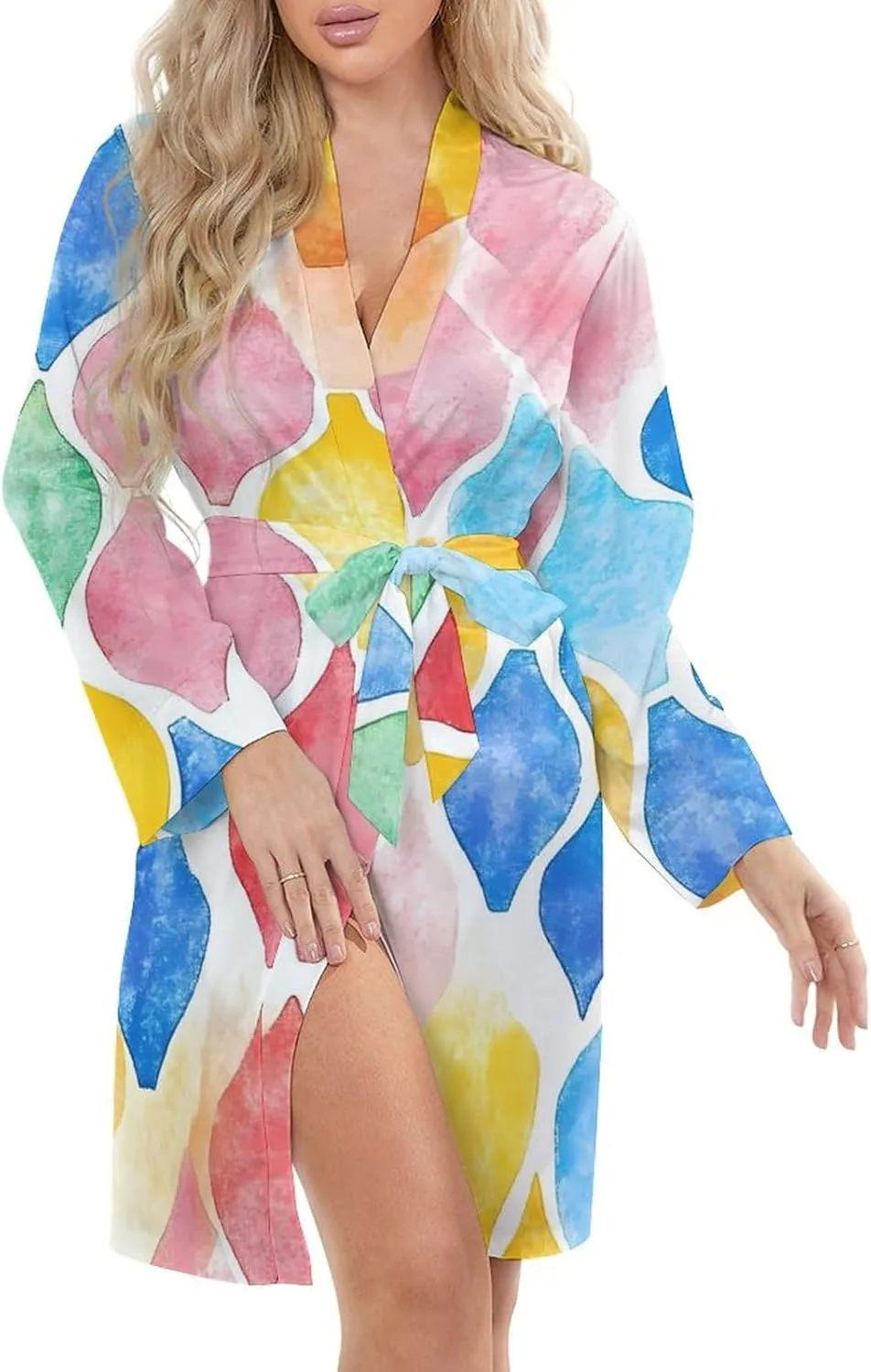 Rainbow Pastel Watercolor Moroccan Pattern Robes for Women Long Sleeve Nightgowns Soft Bathrobes Comfy Sleepshirts