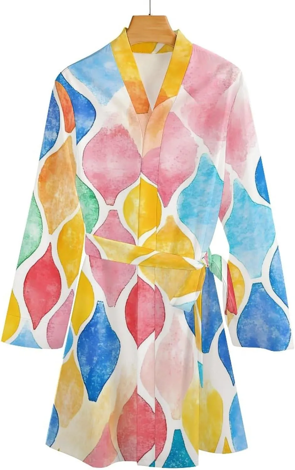 Rainbow Pastel Watercolor Moroccan Pattern Robes for Women Long Sleeve Nightgowns Soft Bathrobes Comfy Sleepshirts