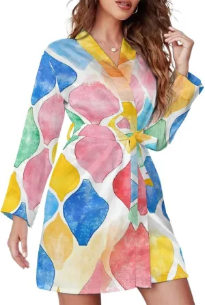 Rainbow Pastel Watercolor Moroccan Pattern Robes for Women Long Sleeve Nightgowns Soft Bathrobes Comfy Sleepshirts