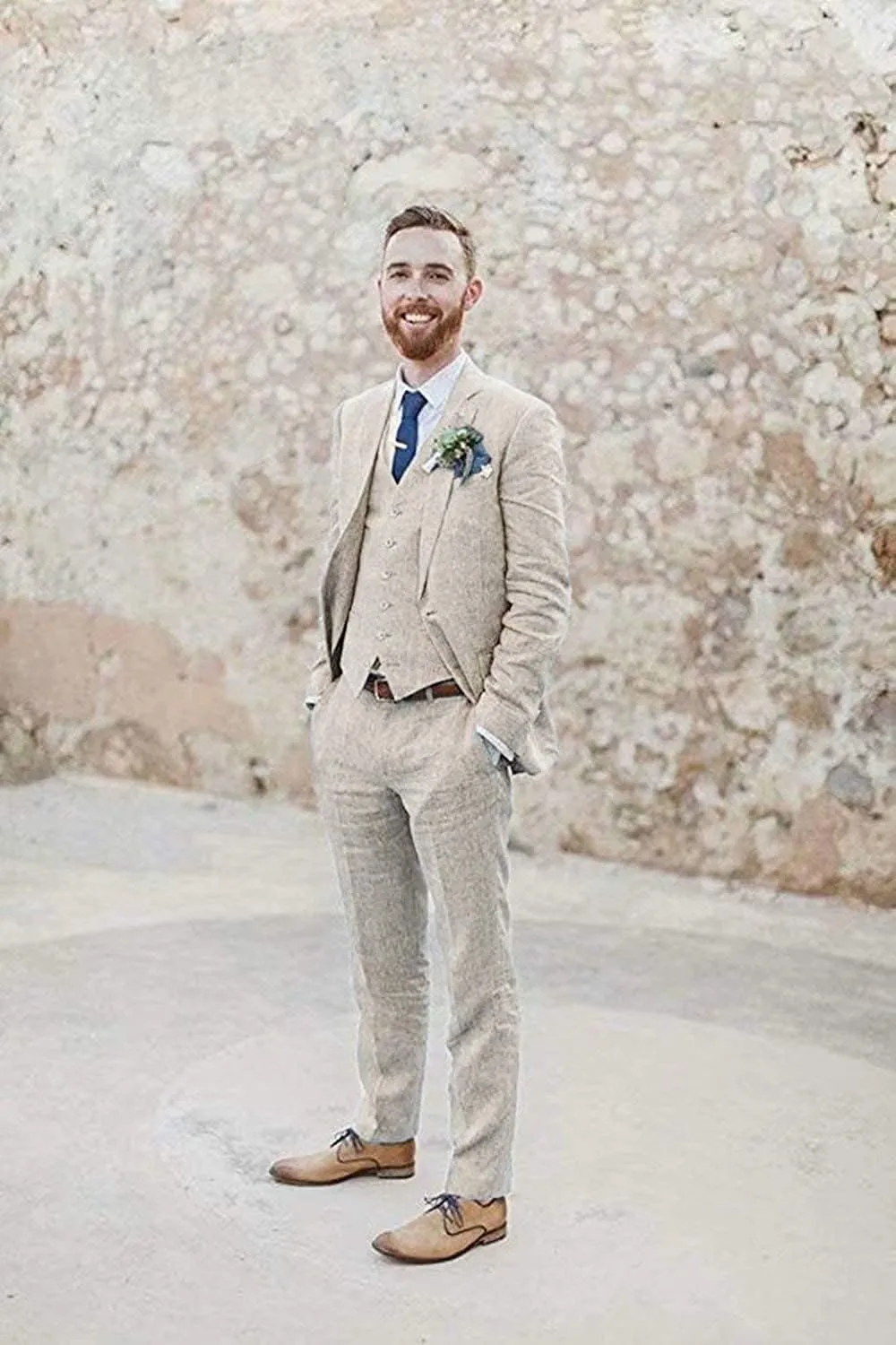 Retro Blue Linen Suit for Men Casual Wedding Suit for Men Seersucker Suit Slim Fit 3 Pieces Jacket Blazer Groom Tuxedo