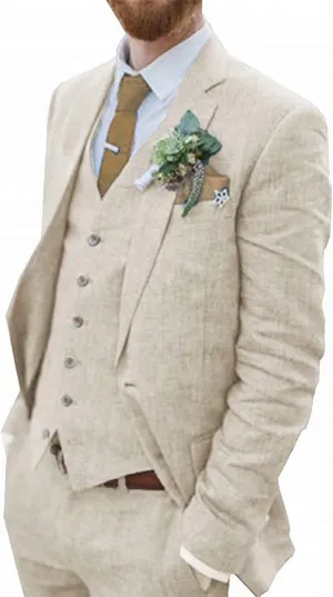 Retro Blue Linen Suit for Men Casual Wedding Suit for Men Seersucker Suit Slim Fit 3 Pieces Jacket Blazer Groom Tuxedo