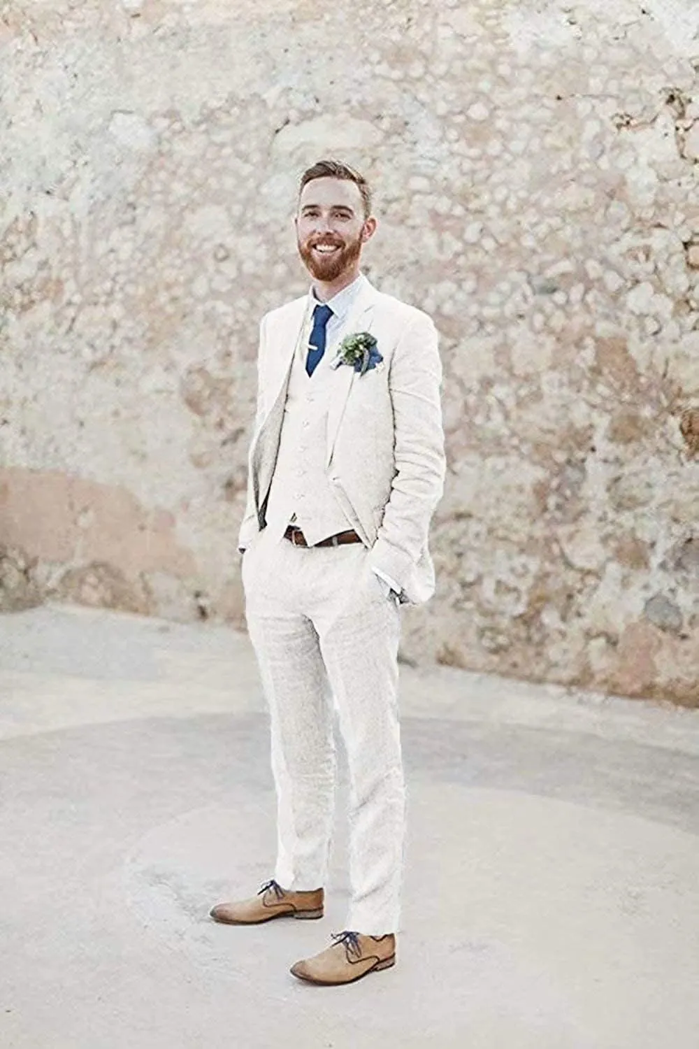 Retro Blue Linen Suit for Men Casual Wedding Suit for Men Seersucker Suit Slim Fit 3 Pieces Jacket Blazer Groom Tuxedo
