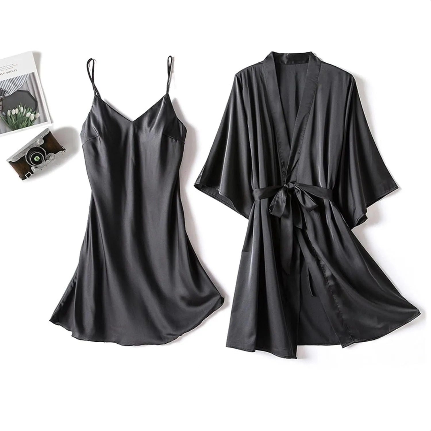 Robe Sets for Women 2 Piece Satin Nightgown Sexy Lingerie Lace Cami Night Robes Bridesmiad Wedding Party Sleepwear