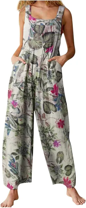 Rompers for Women 2025 Summer Floral Print Boho Overalls Loose fit Wide Leg Long Jumpsuits with Pockets