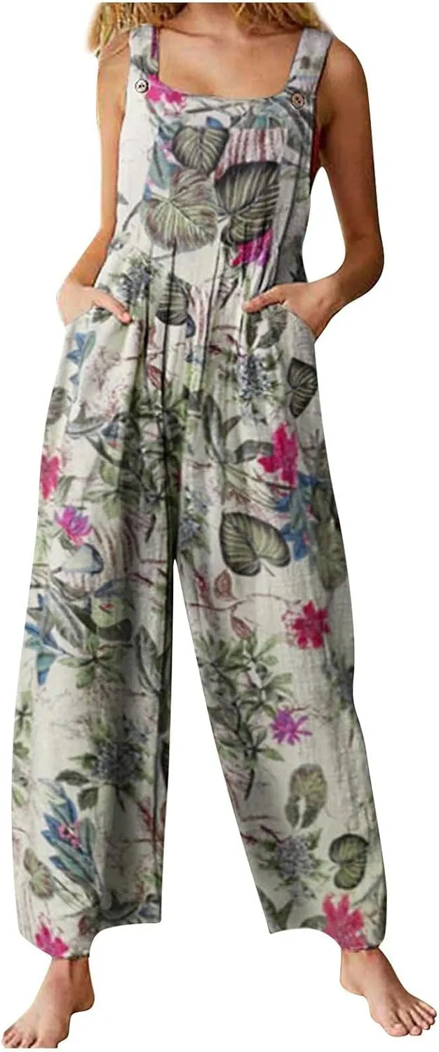 Rompers for Women 2025 Summer Floral Print Boho Overalls Loose fit Wide Leg Long Jumpsuits with Pockets