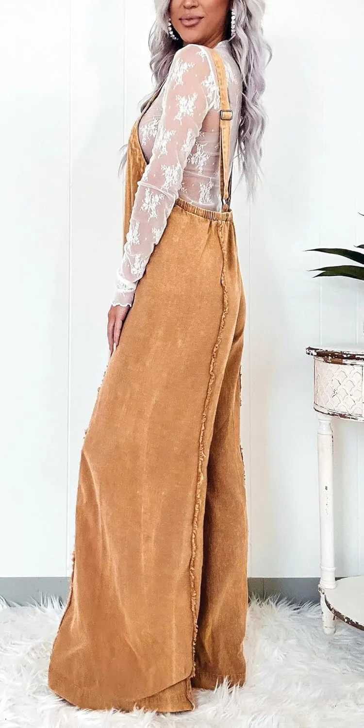 Ru Sweet Women Loose Fit Denim Jumpsuit Adjustable Straps Wide Leg Long Pants Frayed Jean Overalls
