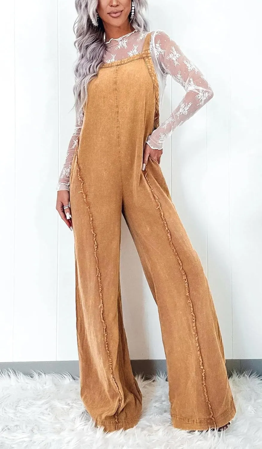 Ru Sweet Women Loose Fit Denim Jumpsuit Adjustable Straps Wide Leg Long Pants Frayed Jean Overalls