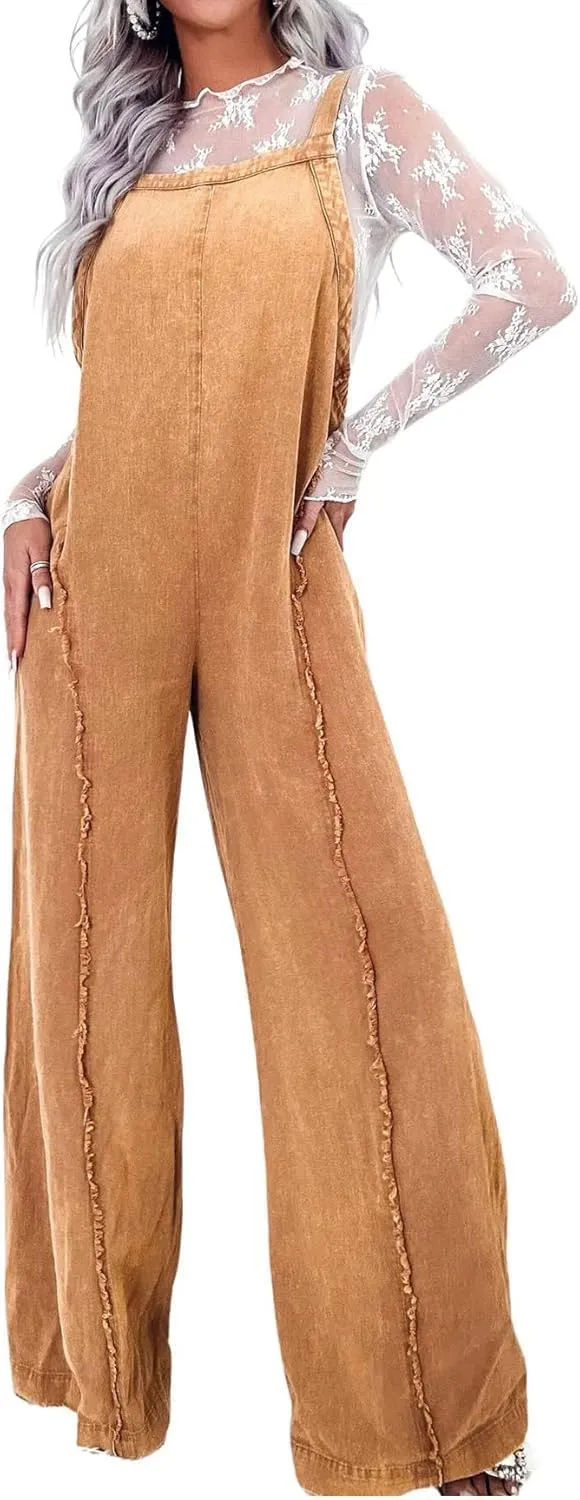 Ru Sweet Women Loose Fit Denim Jumpsuit Adjustable Straps Wide Leg Long Pants Frayed Jean Overalls