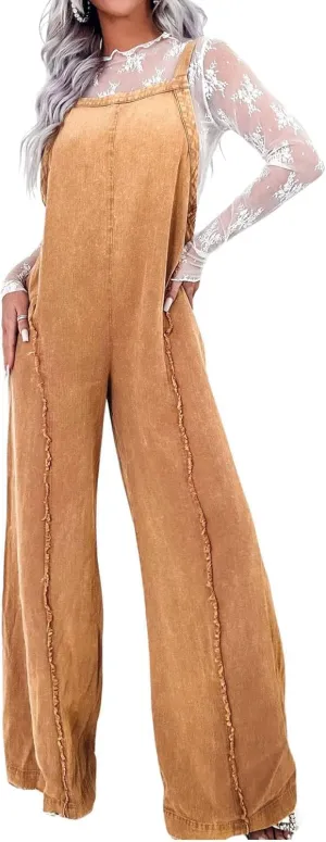 Ru Sweet Women Loose Fit Denim Jumpsuit Adjustable Straps Wide Leg Long Pants Frayed Jean Overalls