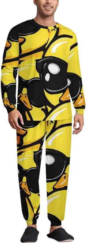 Rubber Yellow Duck With Glasses Soft Mens Pajamas Set Round Neck Pullover Long Sleeve And Pants Loungewear 2 Piece Pjs Set