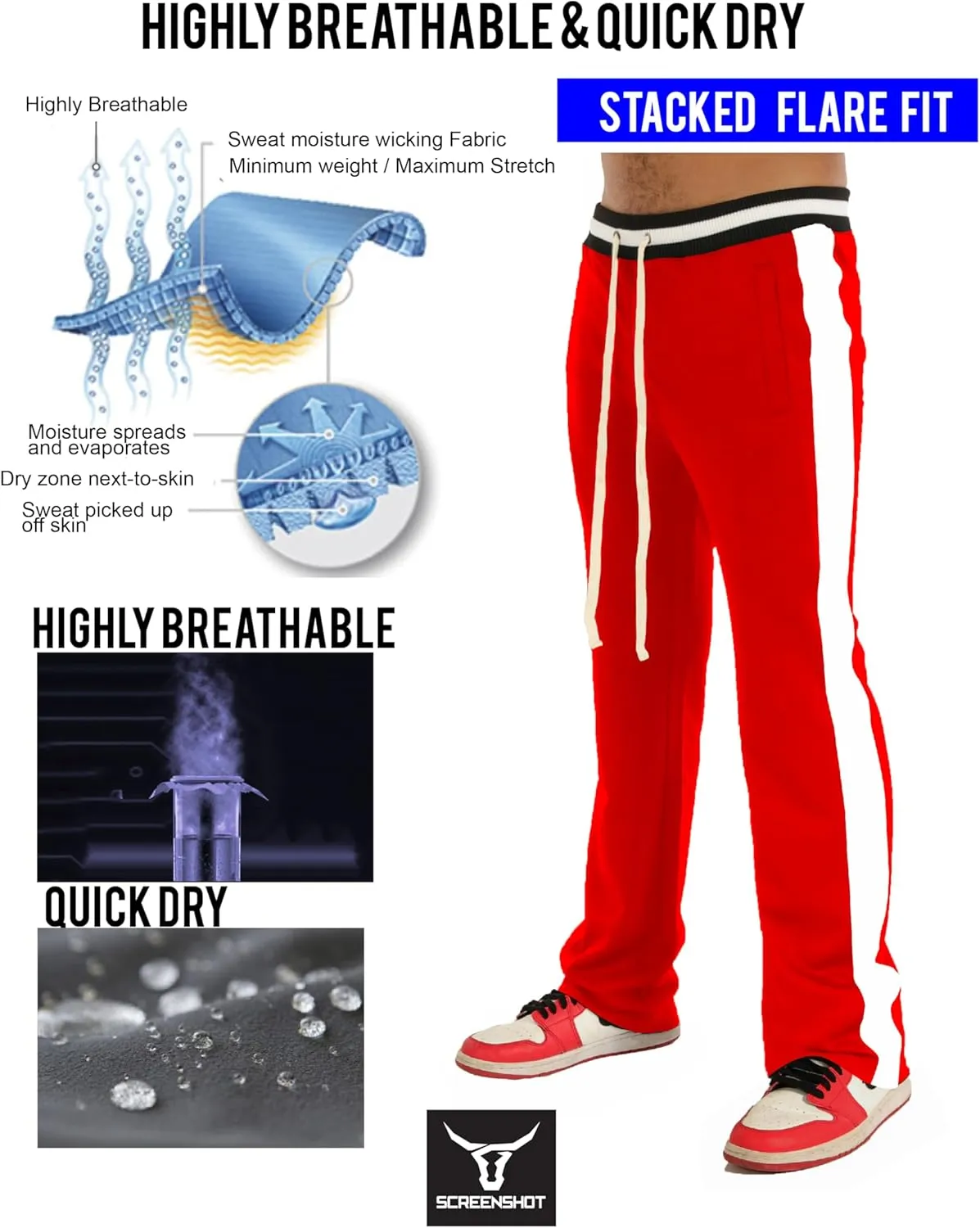 SCREENSHOT Track Pants 3202 Mens Streetwear Premium Stacked Flare Fit Urban Track Pants Workout Athletic Bottoms