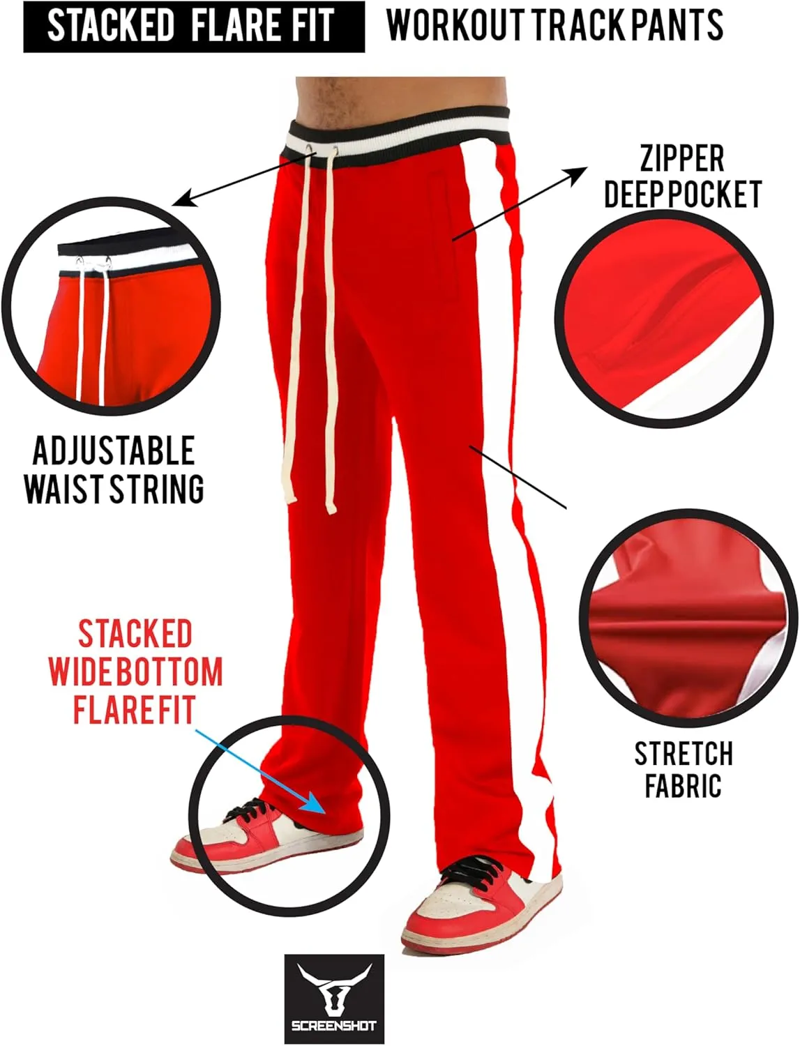 SCREENSHOT Track Pants 3202 Mens Streetwear Premium Stacked Flare Fit Urban Track Pants Workout Athletic Bottoms