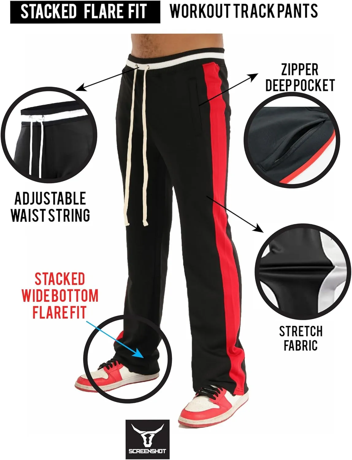 SCREENSHOT Track Pants 3202 Mens Streetwear Premium Stacked Flare Fit Urban Track Pants Workout Athletic Bottoms