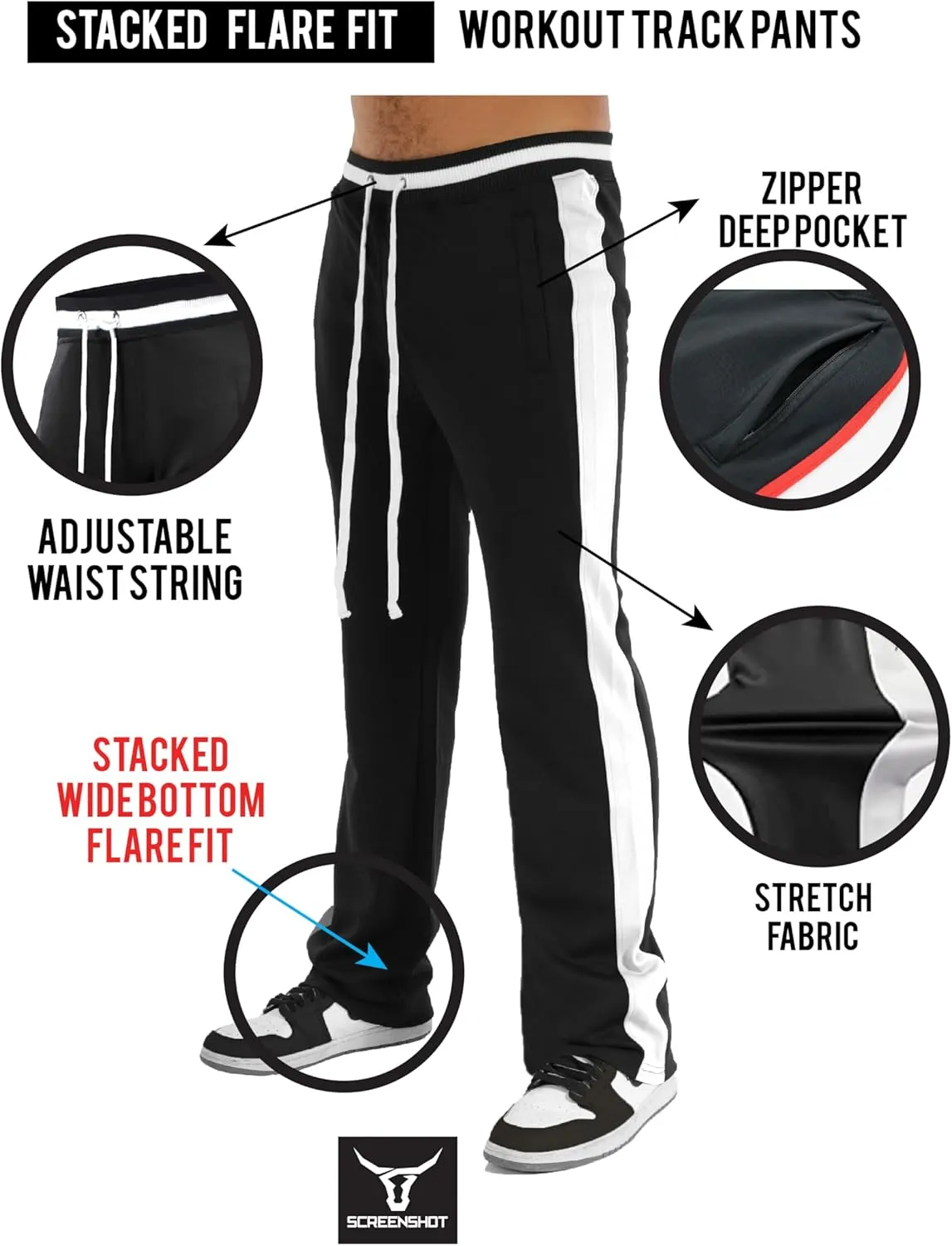 SCREENSHOT Track Pants 3202 Mens Streetwear Premium Stacked Flare Fit Urban Track Pants Workout Athletic Bottoms