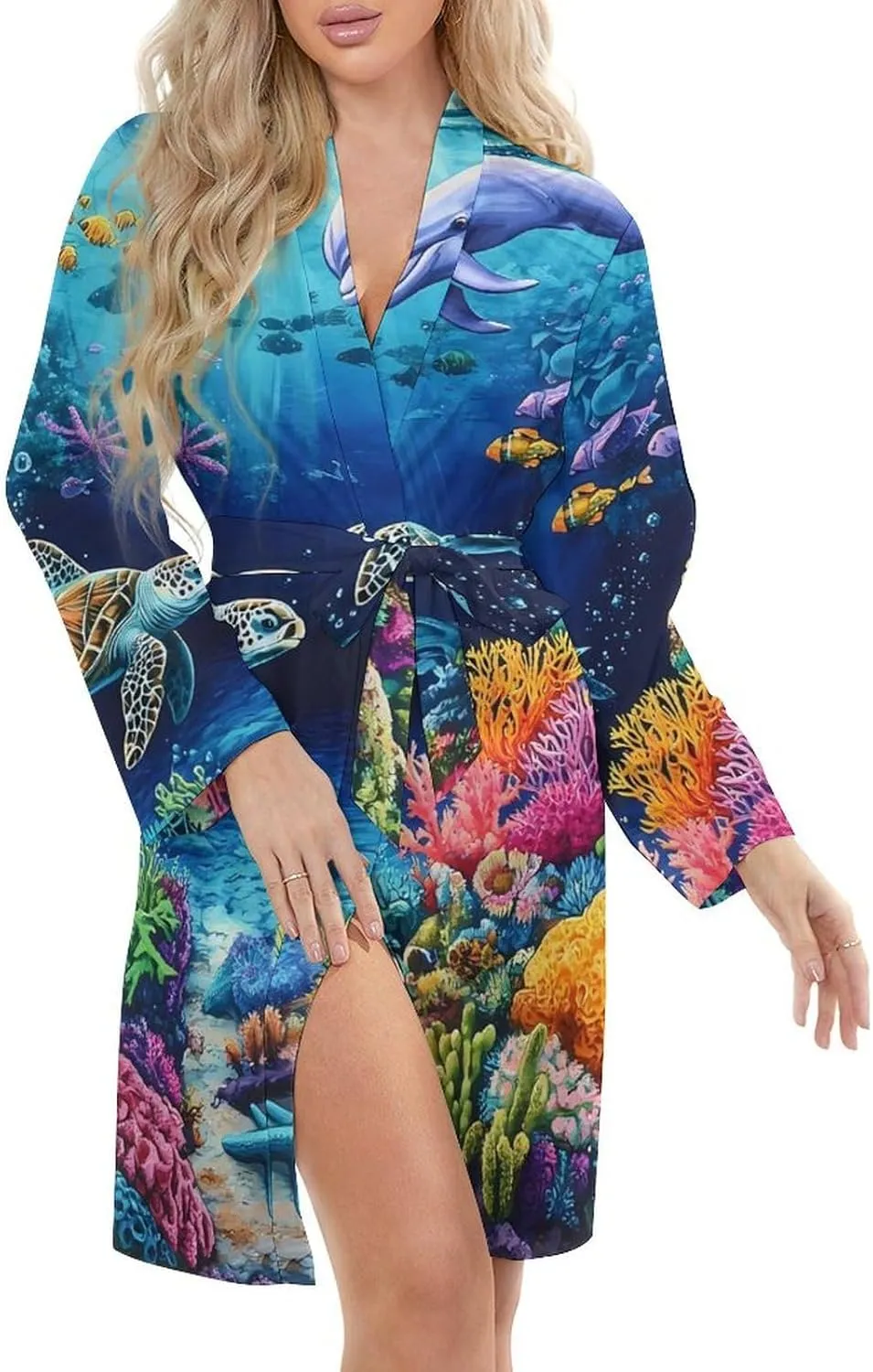Sea Turtles Dolphins Tropical Fish Coral Robes for Women Long Sleeve Nightgowns Soft Bathrobes Comfy Sleepshirts