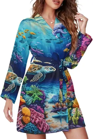 Sea Turtles Dolphins Tropical Fish Coral Robes for Women Long Sleeve Nightgowns Soft Bathrobes Comfy Sleepshirts
