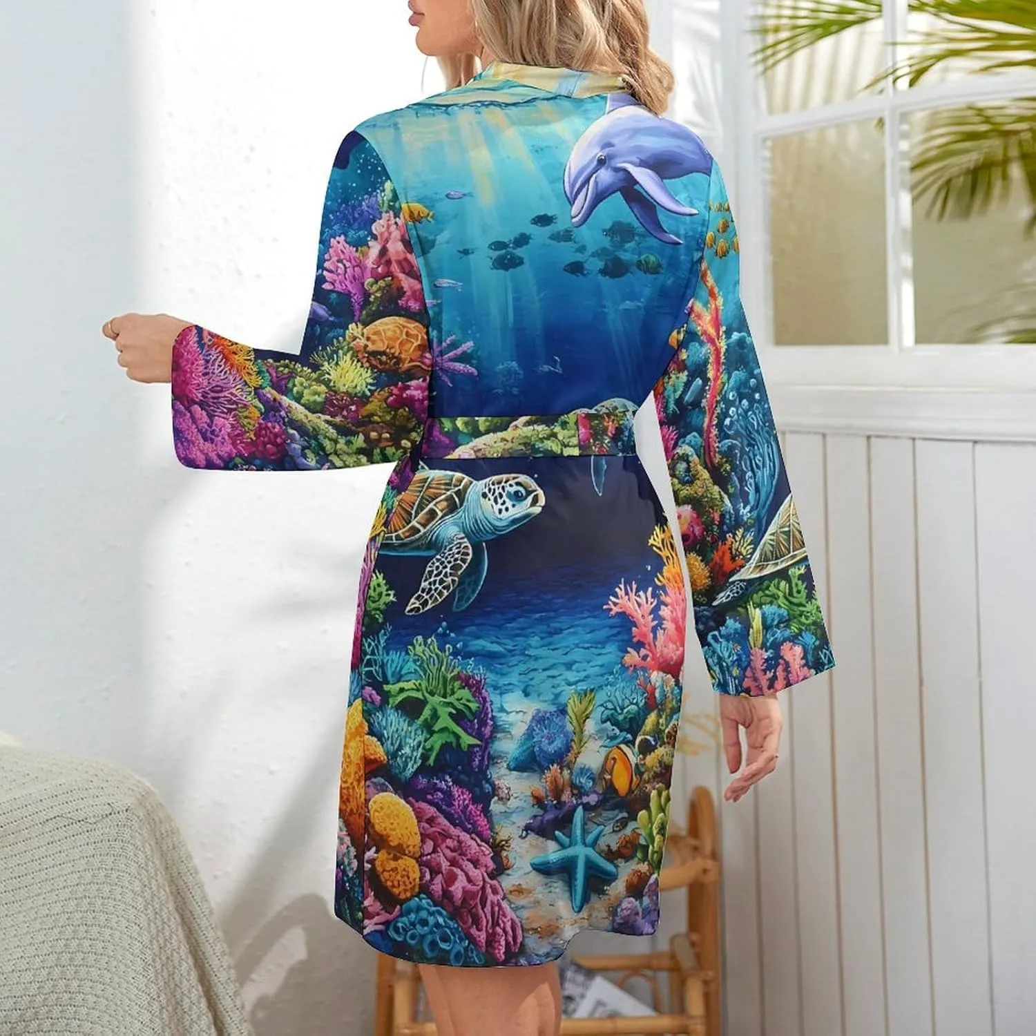 Sea Turtles Dolphins Tropical Fish Coral Robes for Women Long Sleeve Nightgowns Soft Bathrobes Comfy Sleepshirts