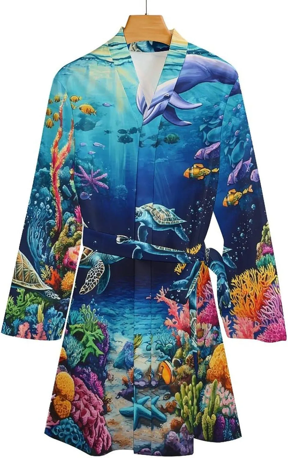 Sea Turtles Dolphins Tropical Fish Coral Robes for Women Long Sleeve Nightgowns Soft Bathrobes Comfy Sleepshirts