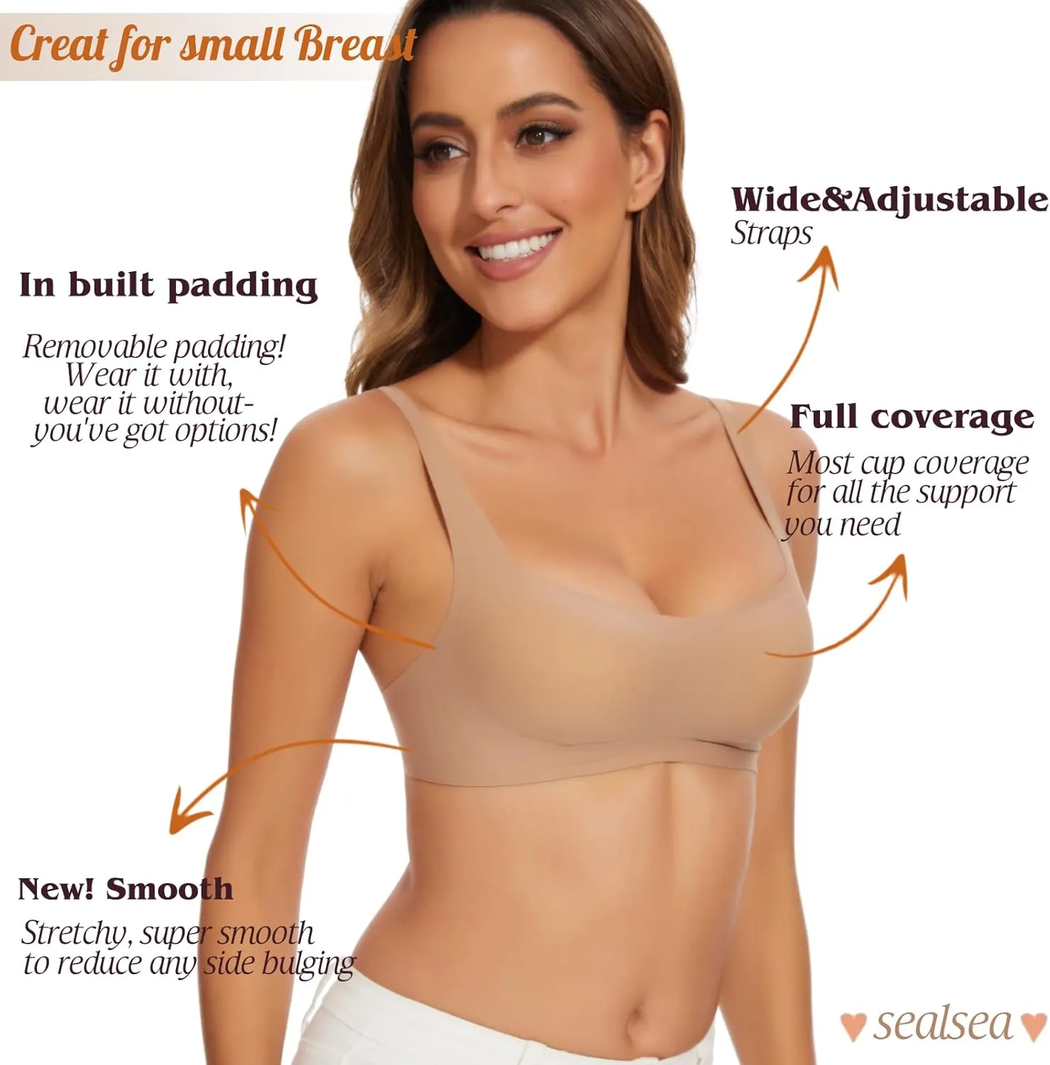 Seamless Bralette for Women Comfort No Show Square Neck Stretch Wireless Bra with Removeable Padding