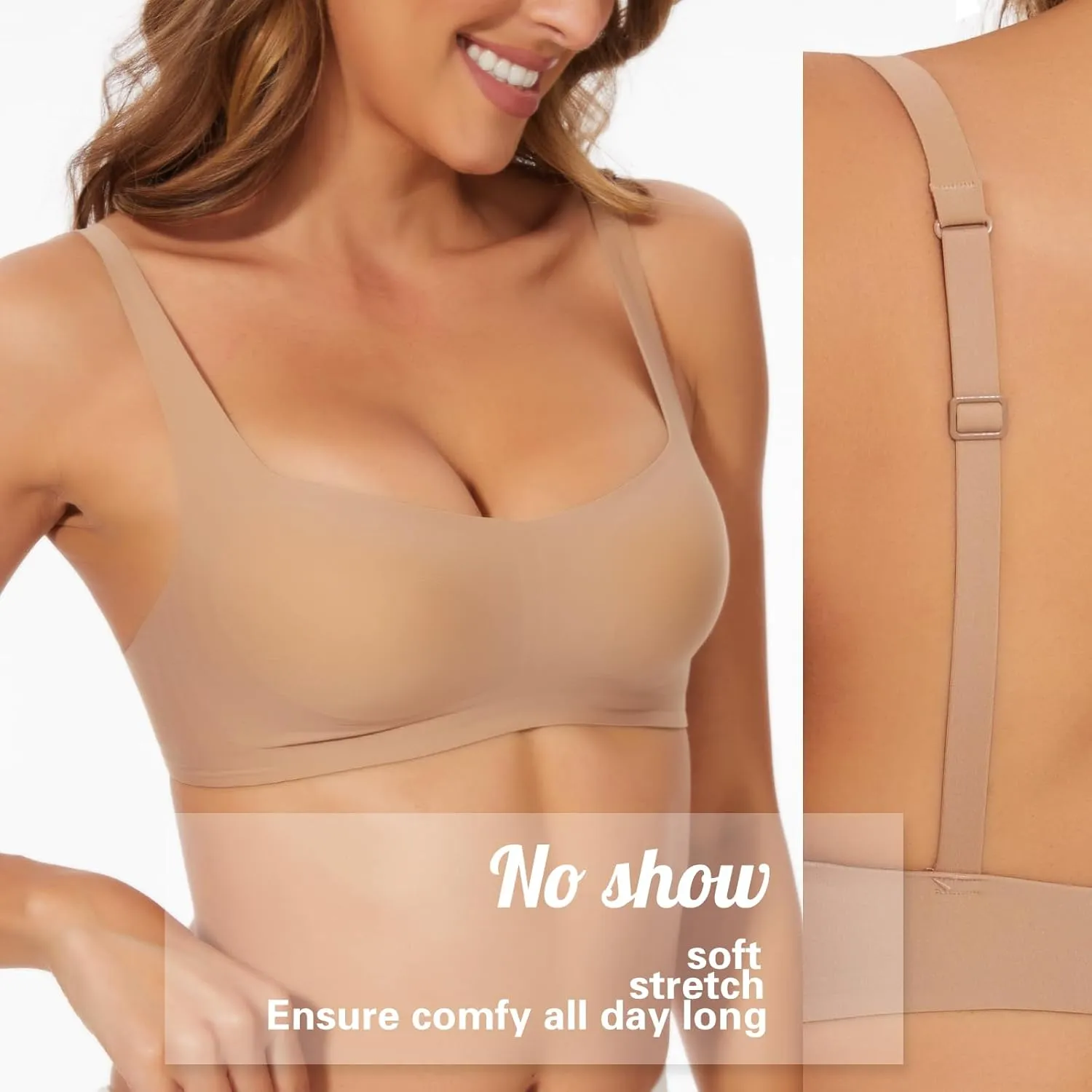 Seamless Bralette for Women Comfort No Show Square Neck Stretch Wireless Bra with Removeable Padding
