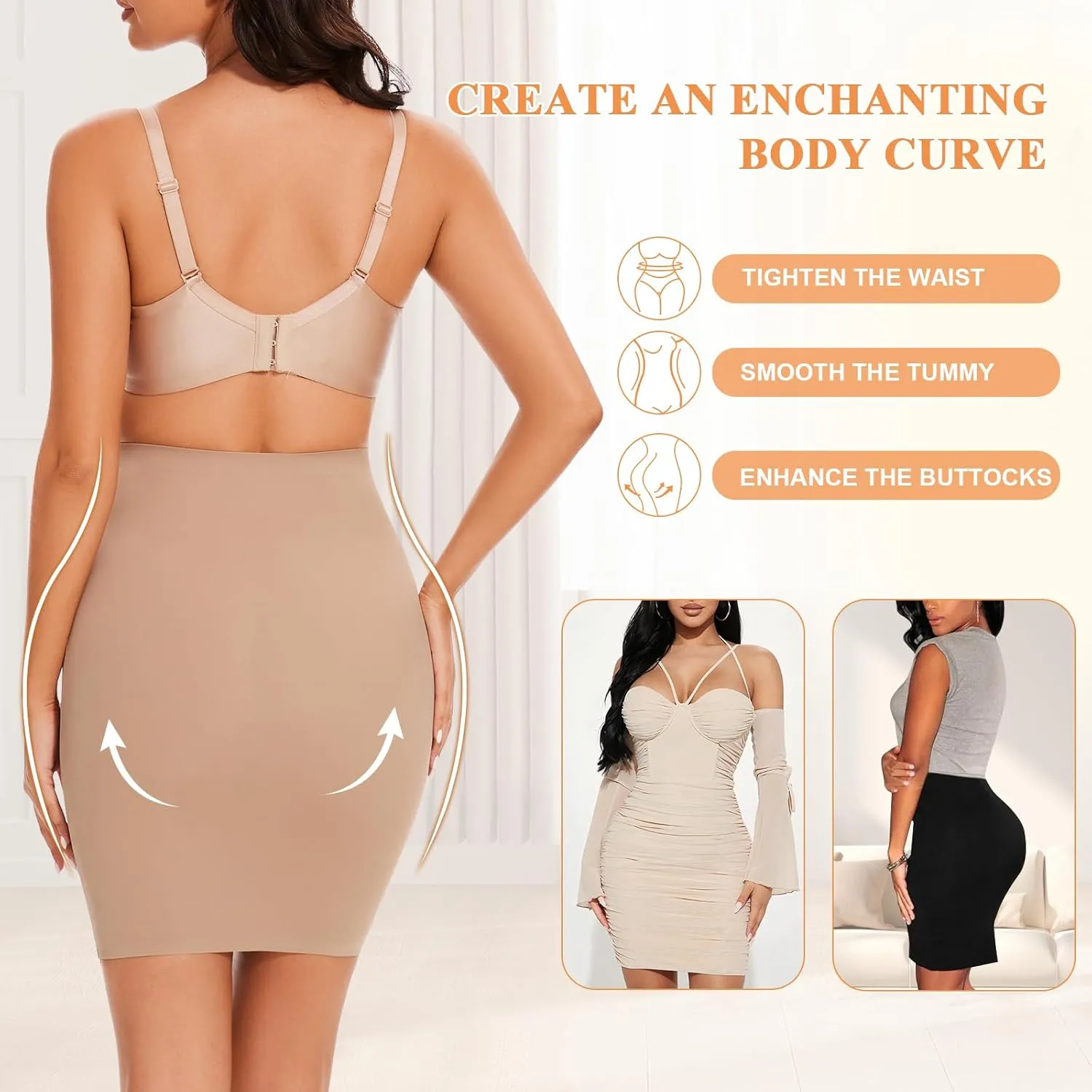 Seamless Shapewear Half Slip for Women Under Dress Tummy Control Slip Skirt Body Shaper Shapewear Dress