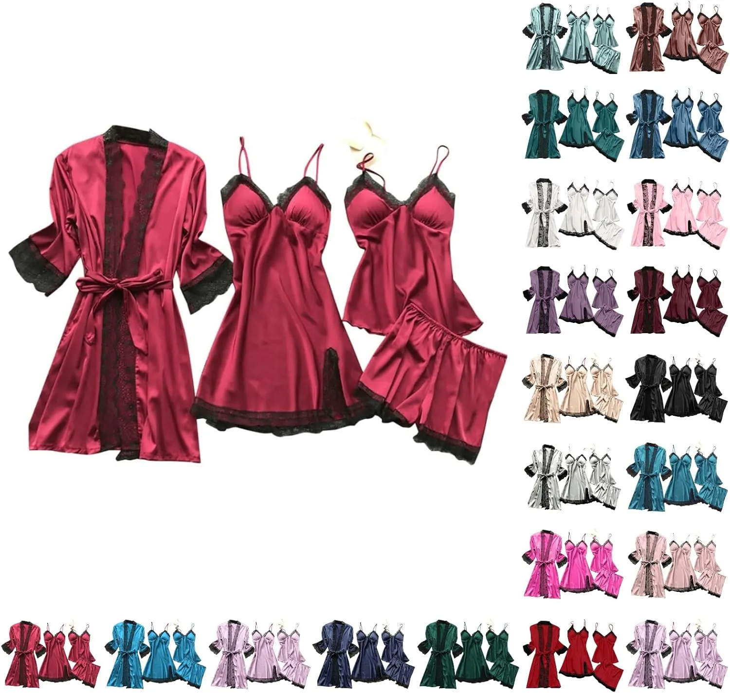 SEAOPEN Women's Silk Pajamas Set 4pcs Robe Babydoll Lingerie Satin Sleepwear Nightdress Lace Nightgown Set Loungewear