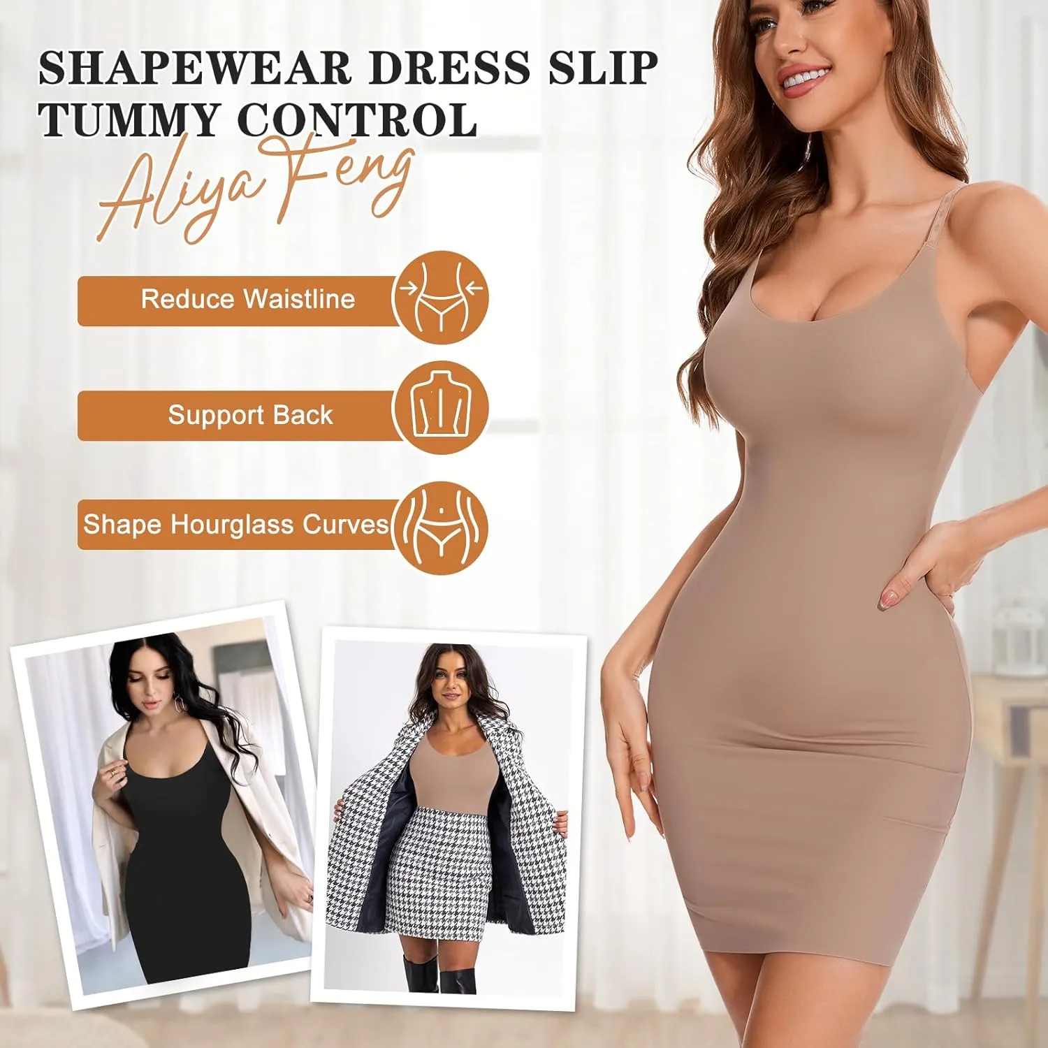 Shapewear Dress Slips for Women Tummy Control Full Slip Body Shaper Seamless Cami Dress for Under Dresses