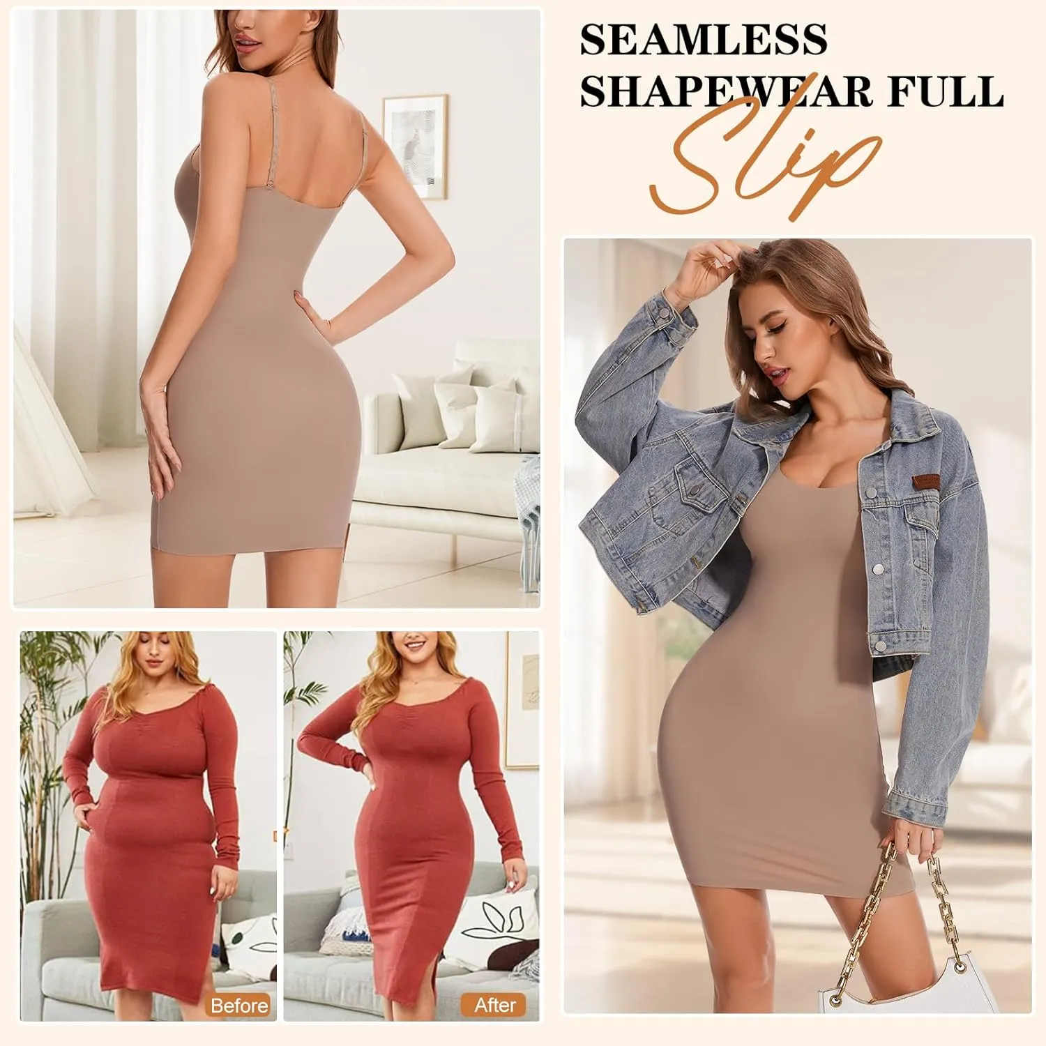 Shapewear Dress Slips for Women Tummy Control Full Slip Body Shaper Seamless Cami Dress for Under Dresses