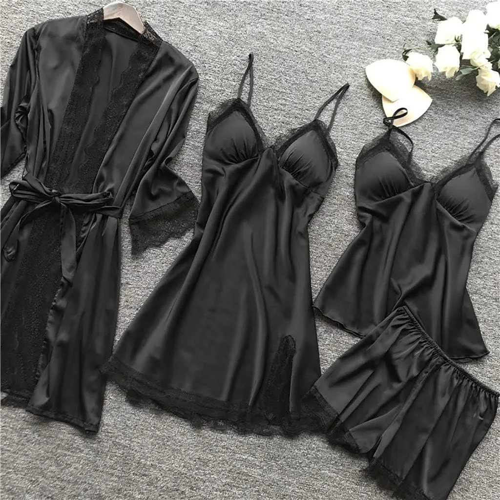 Silk Pajamas for Women Dress Plus Size Short Sleeve Nightgown Soft Comfy Summer Casual V-Neck Lace Splicing Sleepwear