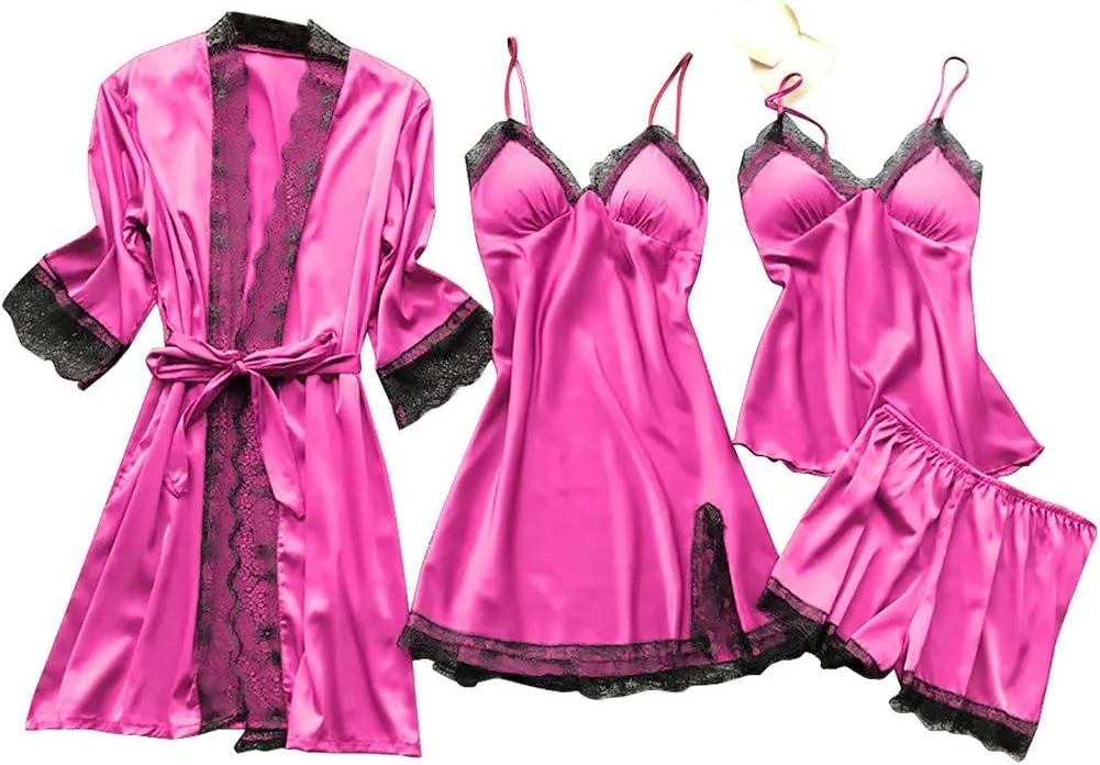 Silk Pajamas for Women Dress Plus Size Short Sleeve Nightgown Soft Comfy Summer Casual V-Neck Lace Splicing Sleepwear